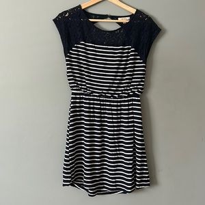 Skies are blue dress, size Small petite. Navy blue and white stripe.